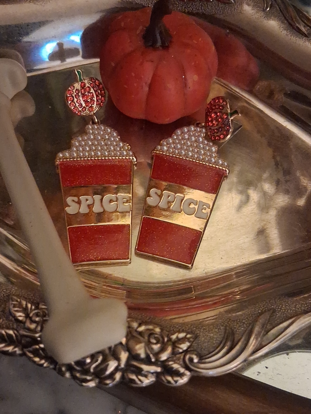 🎃Gold & Red 'Spice' Pumpkin Drink Earrings - Festive Home Party Accessory